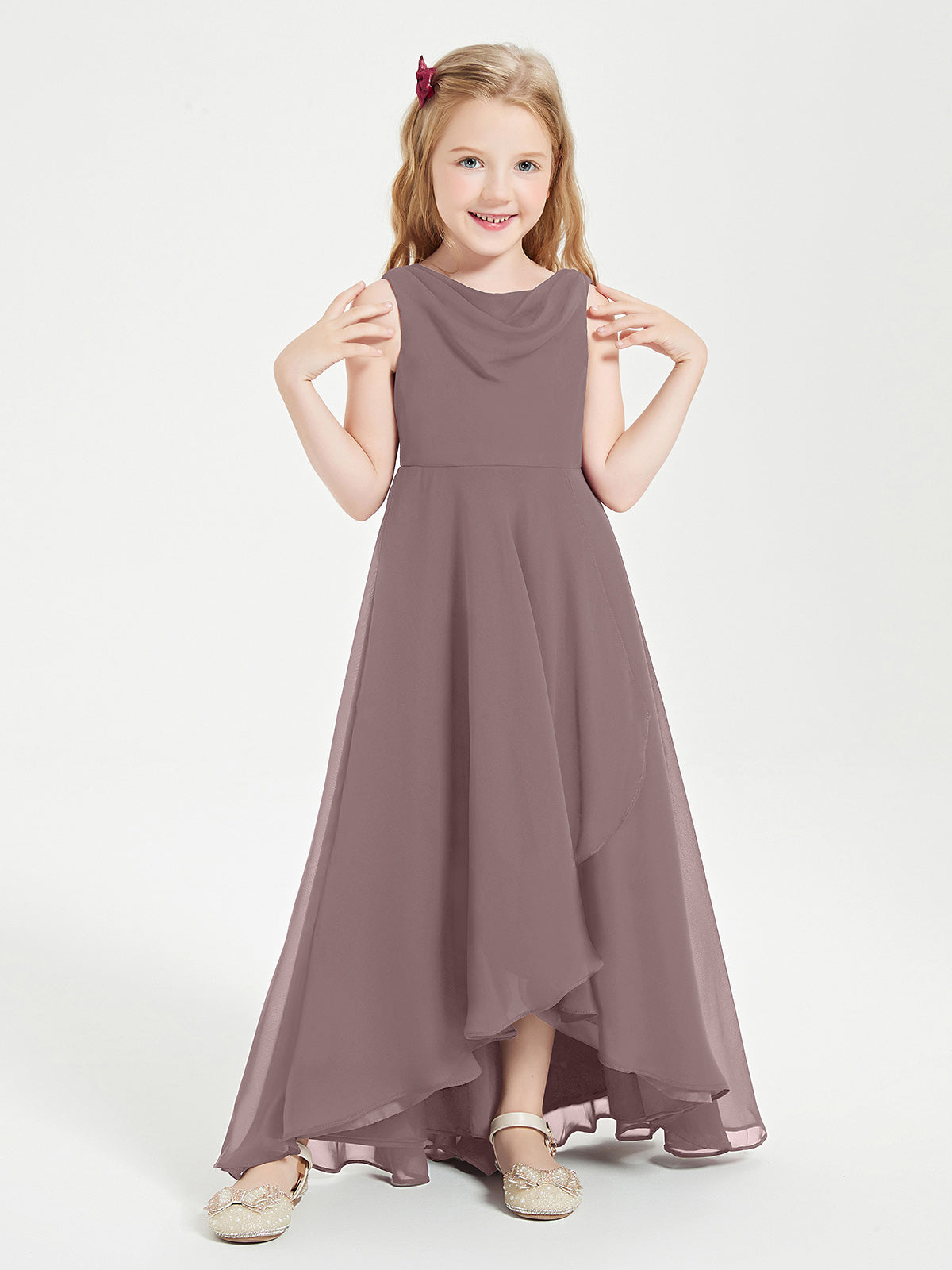 Modern Asymmetrical Cowl Neck Junior Bridesmaid Dresses Vintage Mauve